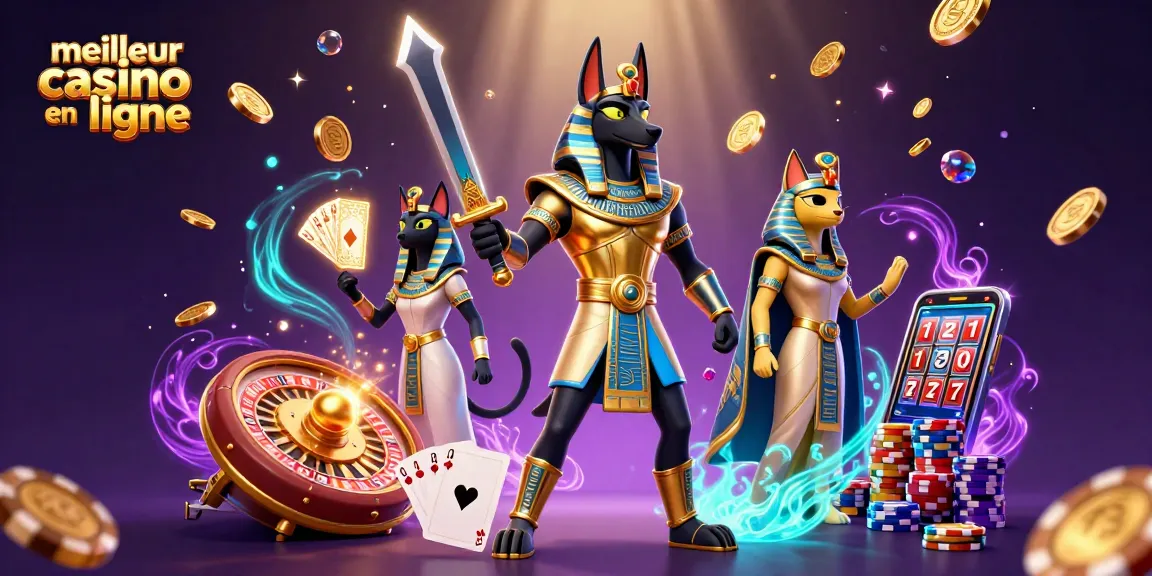 Retrouvez le meilleur casino en ligne avec Anubis et Bastet entourés de pièces d'or.