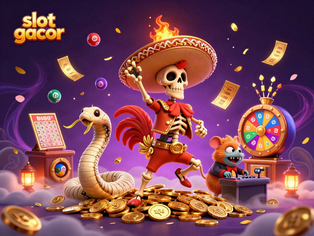 Experience slot gacor excitement with a vibrant scene of characters and casino elements.