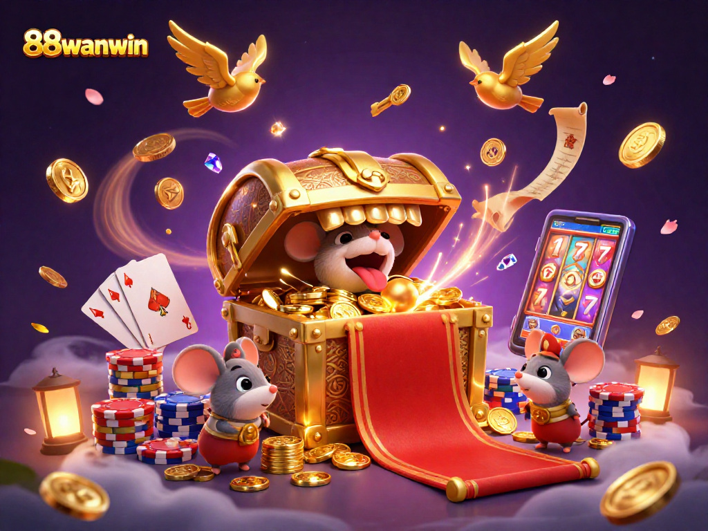 Win big at 88wanwin with a vibrant scene of adventurous mice and a treasure chest filled with gems.