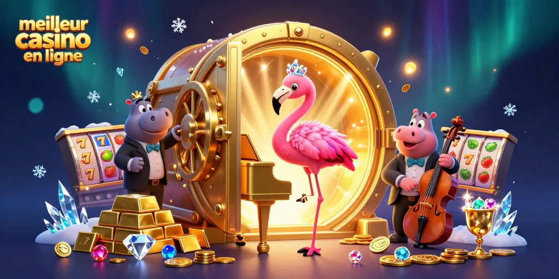 Illustration vibrante sur le meilleur casino en ligne avec des personnages de casino animés et des éléments riches, comme des lingots d'or et des machines à sous.