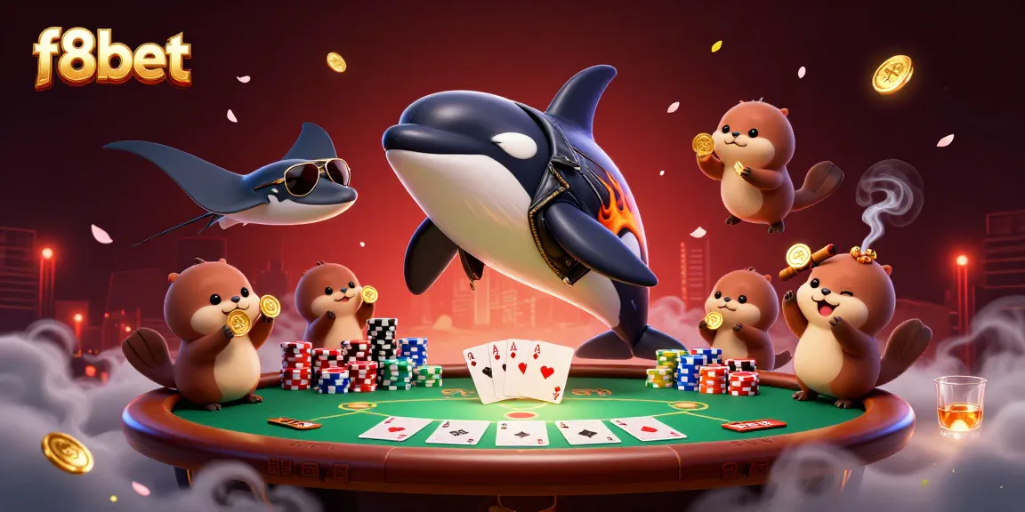 Engage with f8bet at this vibrant online casino scene featuring a playful orca, stingray, and otters enjoying a poker game.