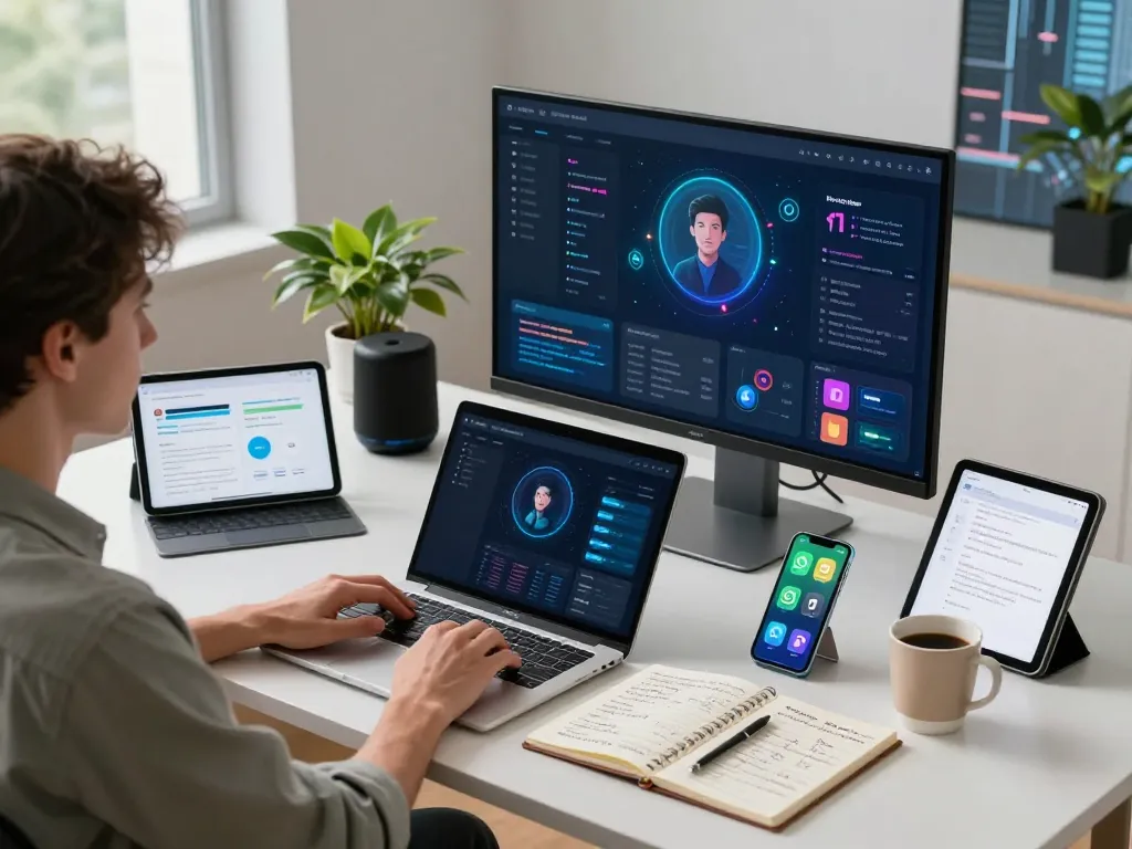 openclaw AI assistant displayed on laptop in a modern workspace with communication tools and data visualizations