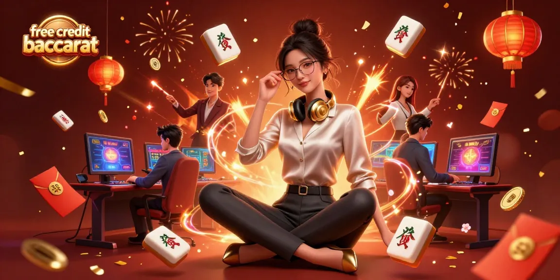 Engage in exciting free credit baccarat with a photorealistic Asian woman at a high-tech gaming setup.