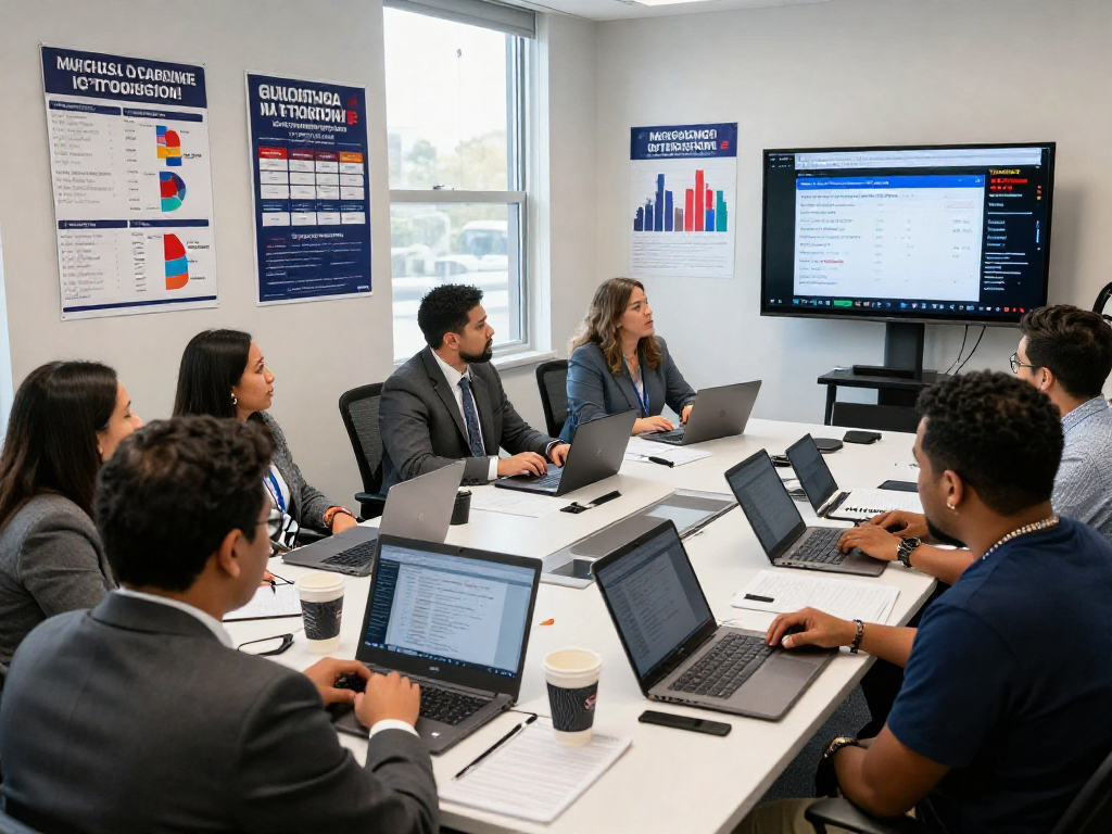 Political PPC agency team strategizing in a vibrant campaign office, analyzing voter data and outreach.