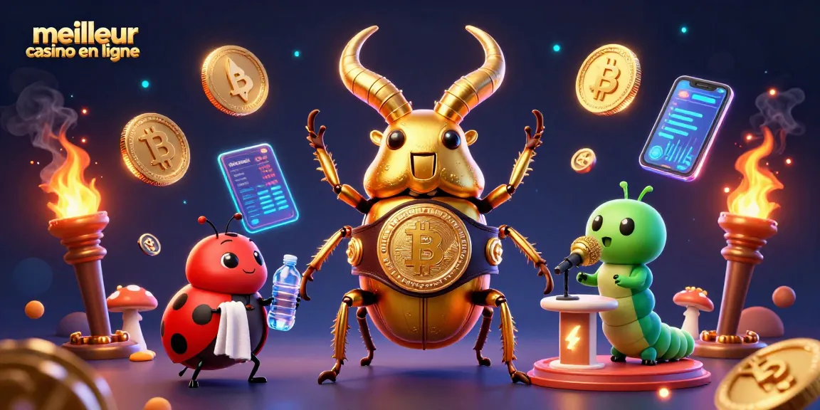 illustration dynamique d'un meilleur casino en ligne avec un scarabée doré et des éléments de crypto