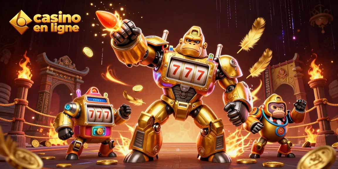 Une illustration dynamique de casino en ligne avec un gorille mech doré et des effets de jeu captivants.