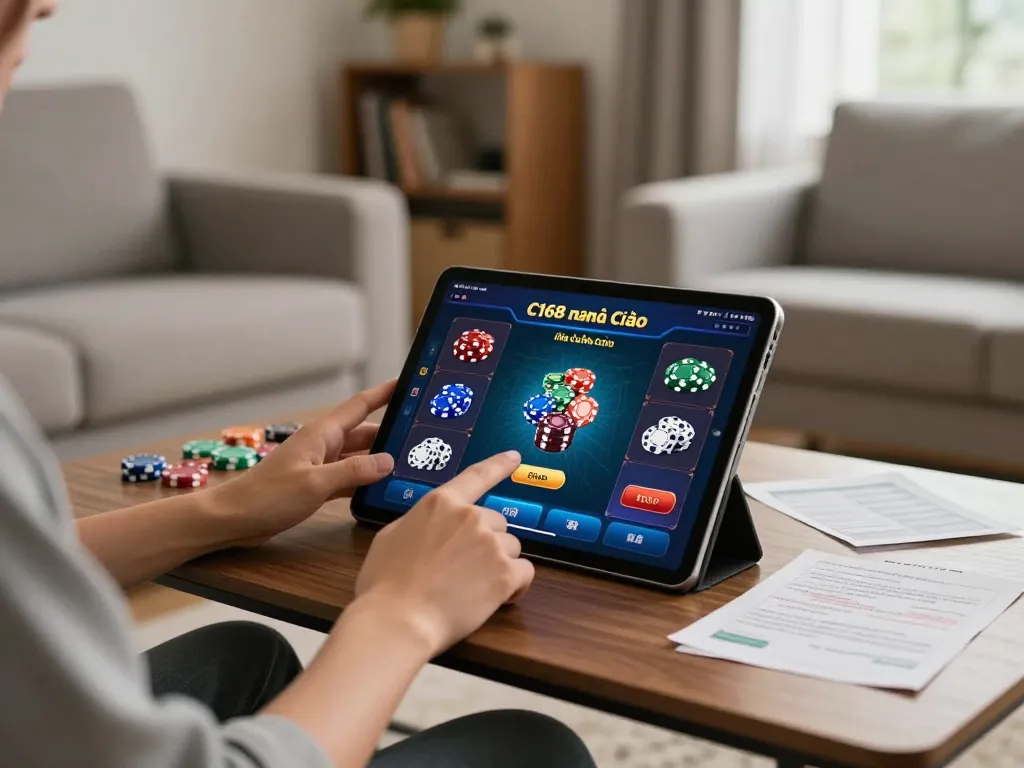 C168 nhà cái mobile gaming with a person enjoying a casino app on a tablet in a cozy home.