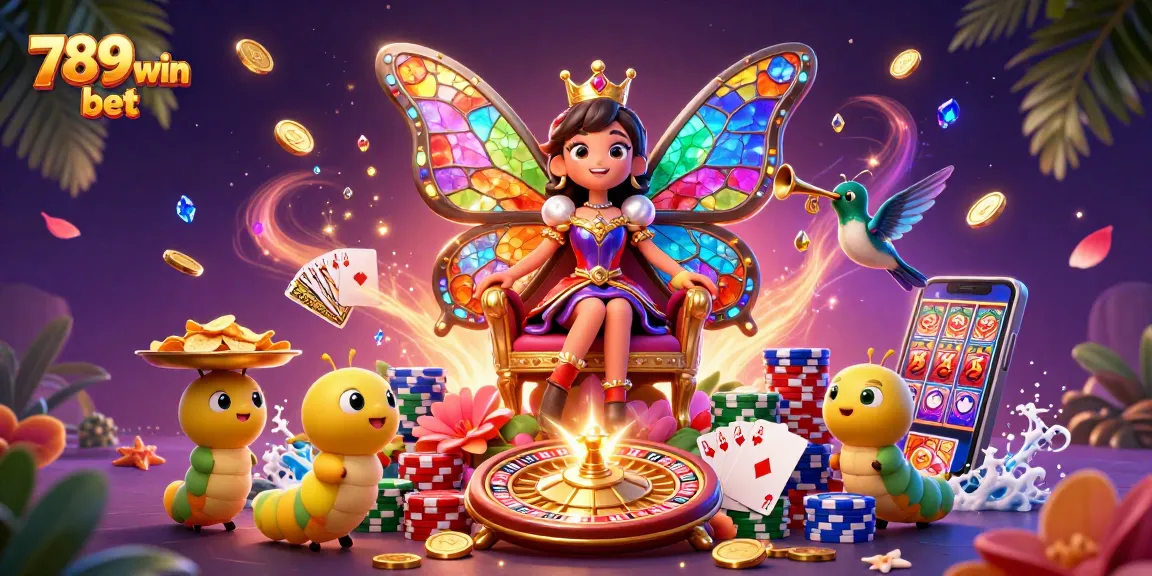Engage with the vibrant world of 789win bet adorned by a butterfly queen amidst lavish casino elements.
