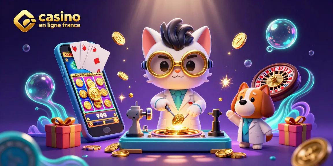 Le casino en ligne France gagne en enthousiasme avec un chat scientifique et son assistant canin au milieu de pièces d'or volantes.