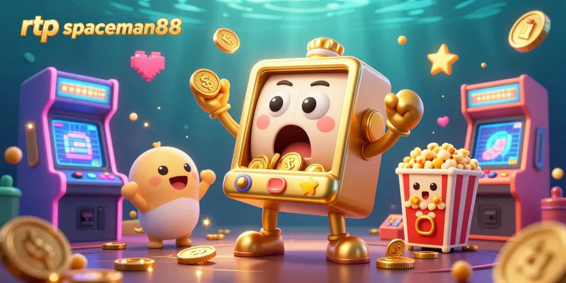 Experience the excitement of rtp spaceman88 as the golden slot machine hits a jackpot, with cheering friends.
