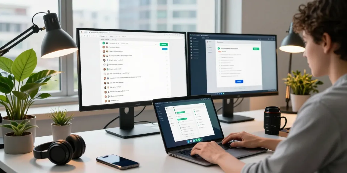 Person using WhatsApp電腦版 on a modern workspace laptop, showcasing communication tools in a productive office.