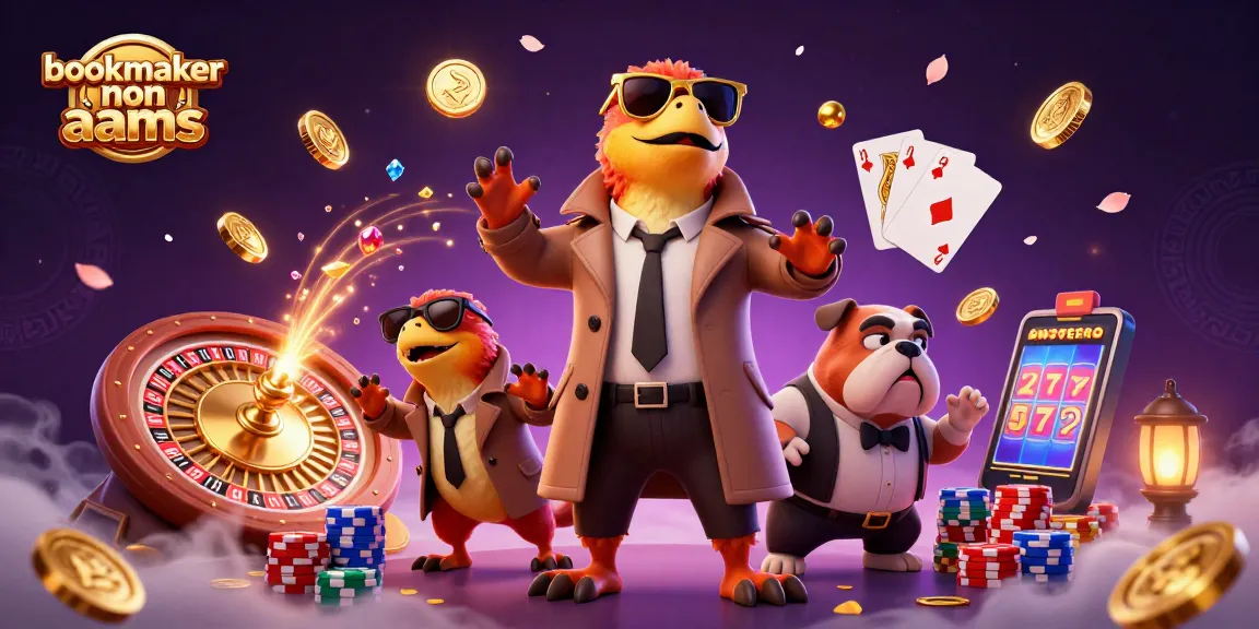 Tre raptors in trench coat e un bulldog bouncer al casinò, simboli di bookmaker non AAMS in un'illustrazione vivace.