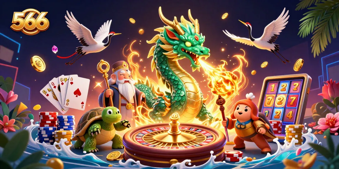 Engage with the thrilling world of casino games at 566, featuring an emerald jade dragon and golden coins.