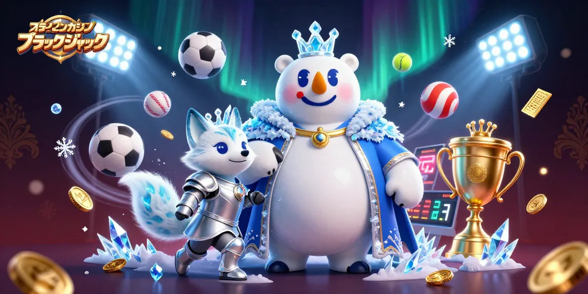 オンラインカジノ ブラックジャックのシーンで、3Dカートゥーンアイスキングと雪の狐が描かれ、ダイナミックなゲームエレメントが周囲に散りばめられています。