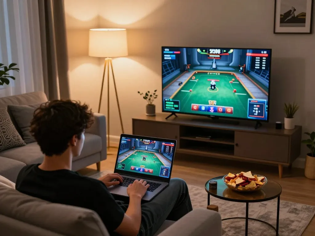 Player engaging in online gambling at F168, highlighting poker strategy and comfortable home atmosphere.