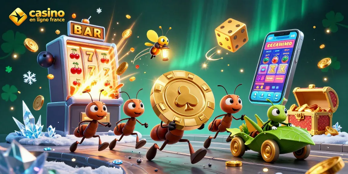 Les fourmis transportent un jeton de poker, symbole du casino en ligne France, à travers un tunnel doré.