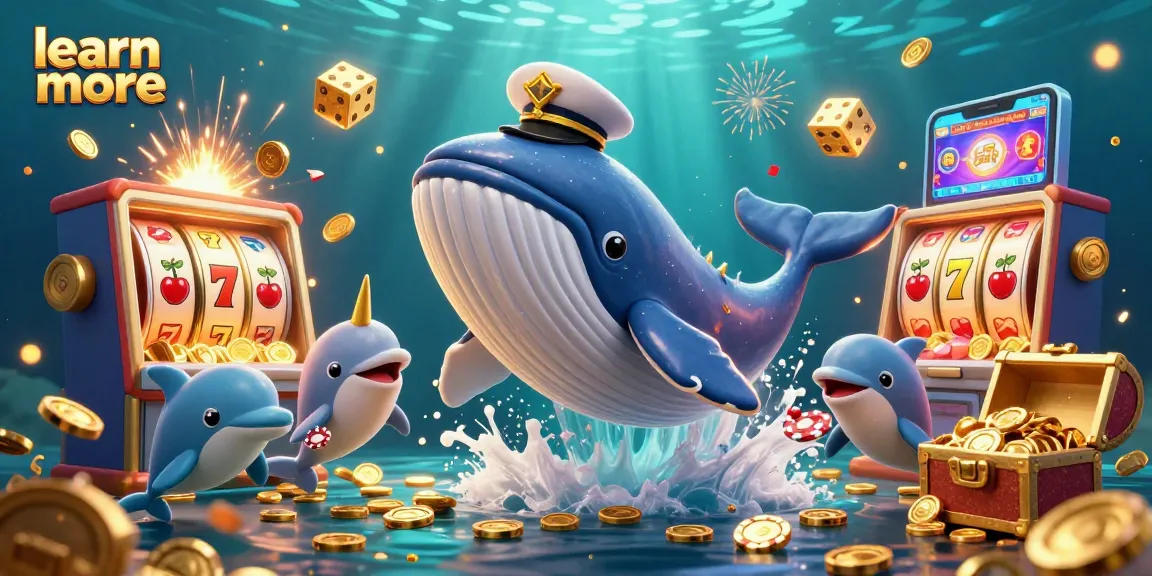 Learn more about online casinos with this vibrant scene of a cartoon whale and playful dolphins.