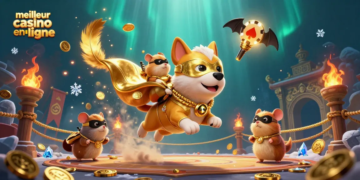 Visuel captivant du meilleur casino en ligne, avec un chien super héros et un hamster, démontrant des gains en or.