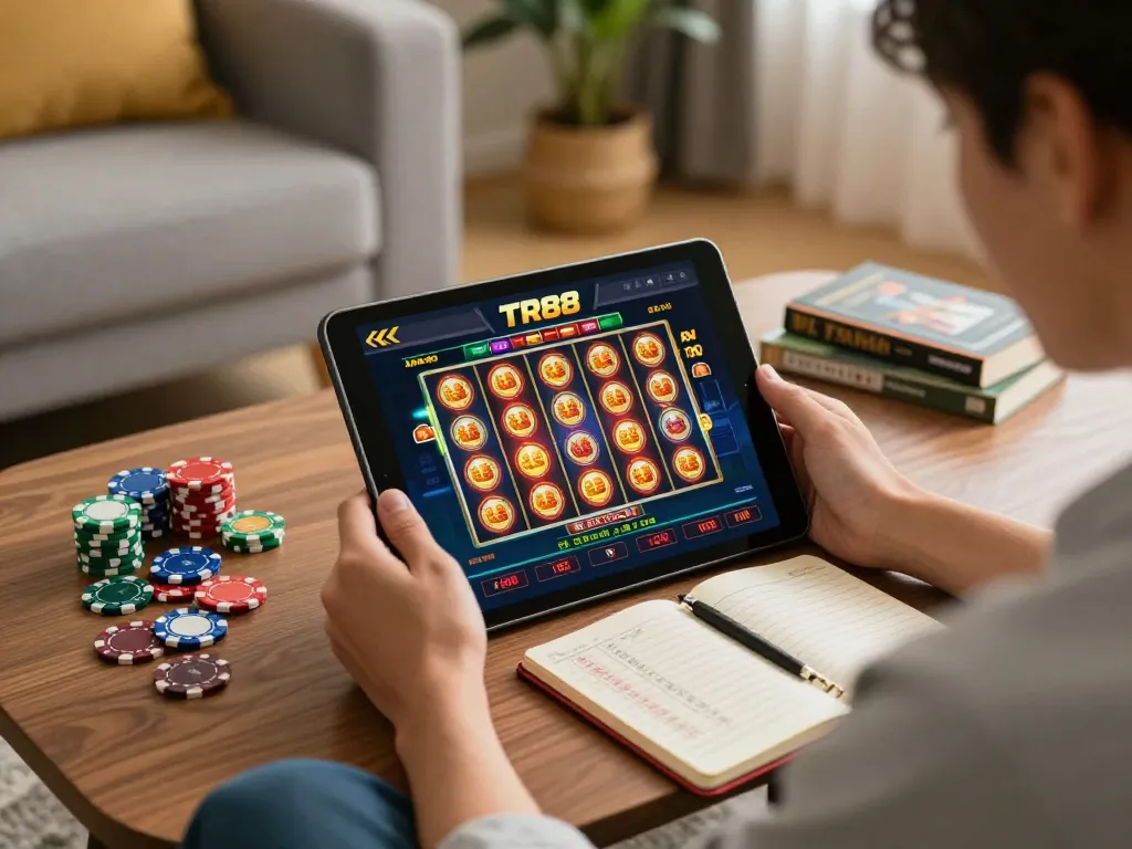 Playing TR88 online casino on a tablet at home, showcasing vibrant game interface and strategic elements.