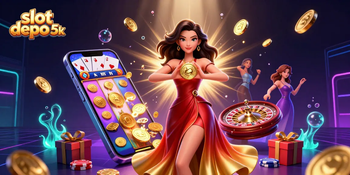 Spin the reels at slot depo 5k as golden coins and gems rain down in a vibrant casino scene.