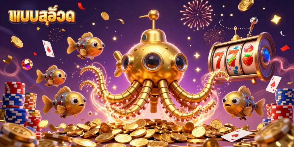 Spin the แบบสล็อต reels amidst a golden kraken submarine and treasures in a lively casino scene.