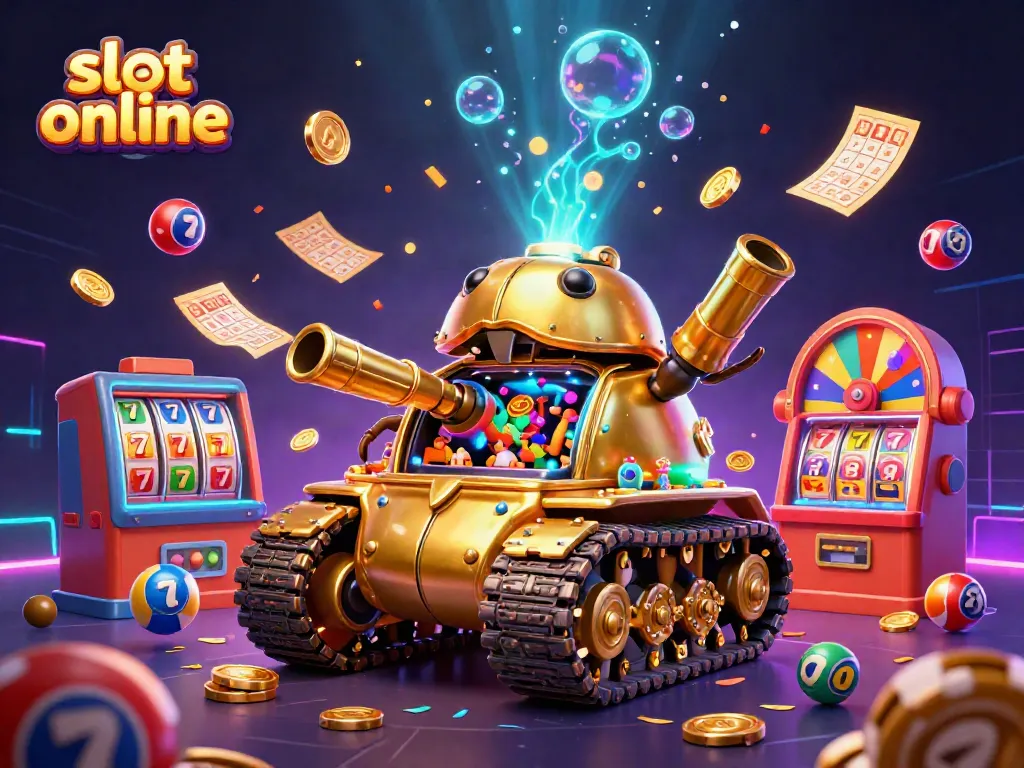 Engage in the vibrant action of slot online gaming with a 3D beetle tank themed casino scene.