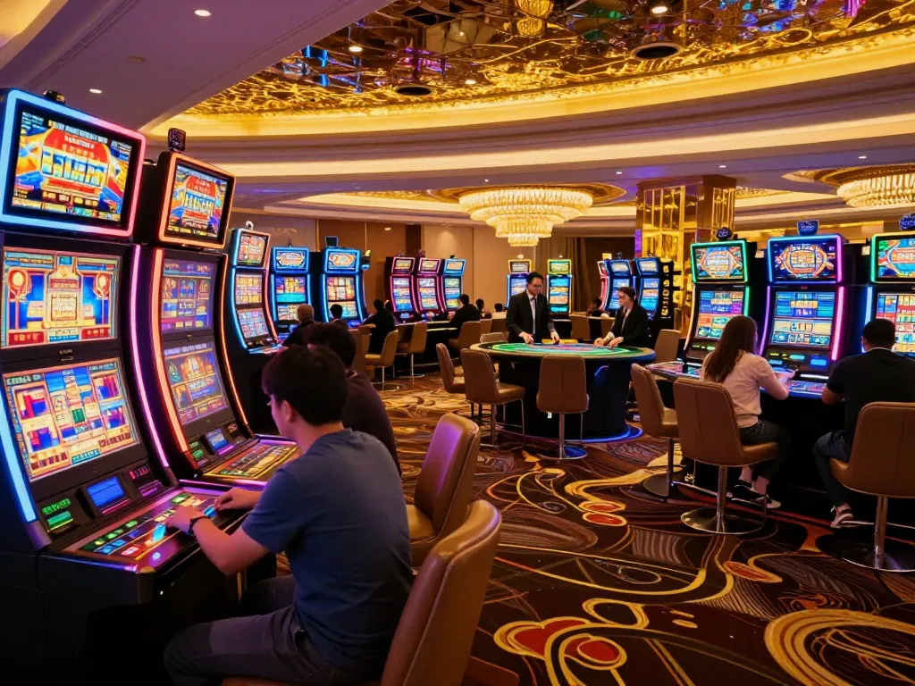 Players experiencing the excitement of slot machines at cm88-t1 casino, dynamic atmosphere with colorful lights.