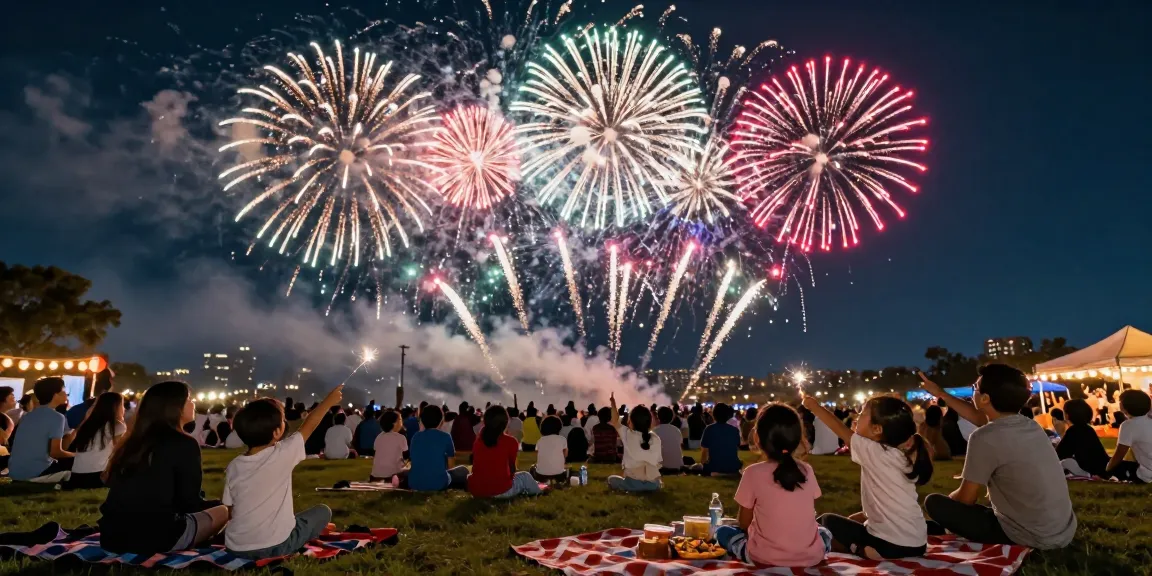 Families enjoying a vibrant fireworks display, searching for cheap fireworks near me.