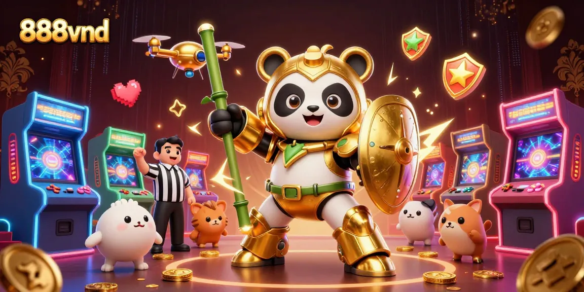 Experience the excitement of 888vnd casino games with our dynamic illustration featuring a golden panda and vibrant game elements.