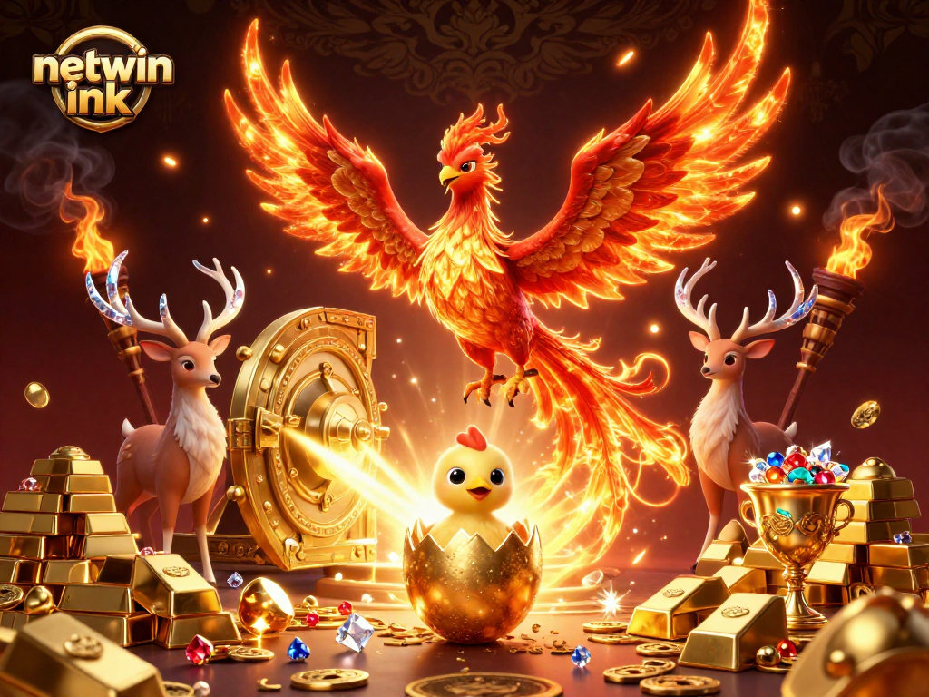 Spin into fortune with netwin ink’s vibrant phoenix-themed illustration depicting a golden treasure vault.