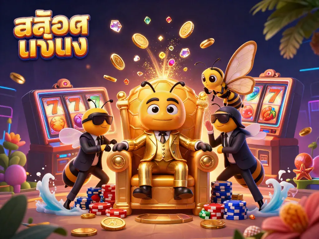 Play exciting สล็อตแท้ตรง with a vibrant scene featuring a casino boss and gaming elements.