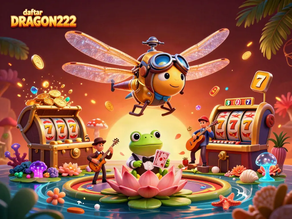 Experience the thrill with daftar DRAGON222 at a lively casino scene with vibrant characters and action.