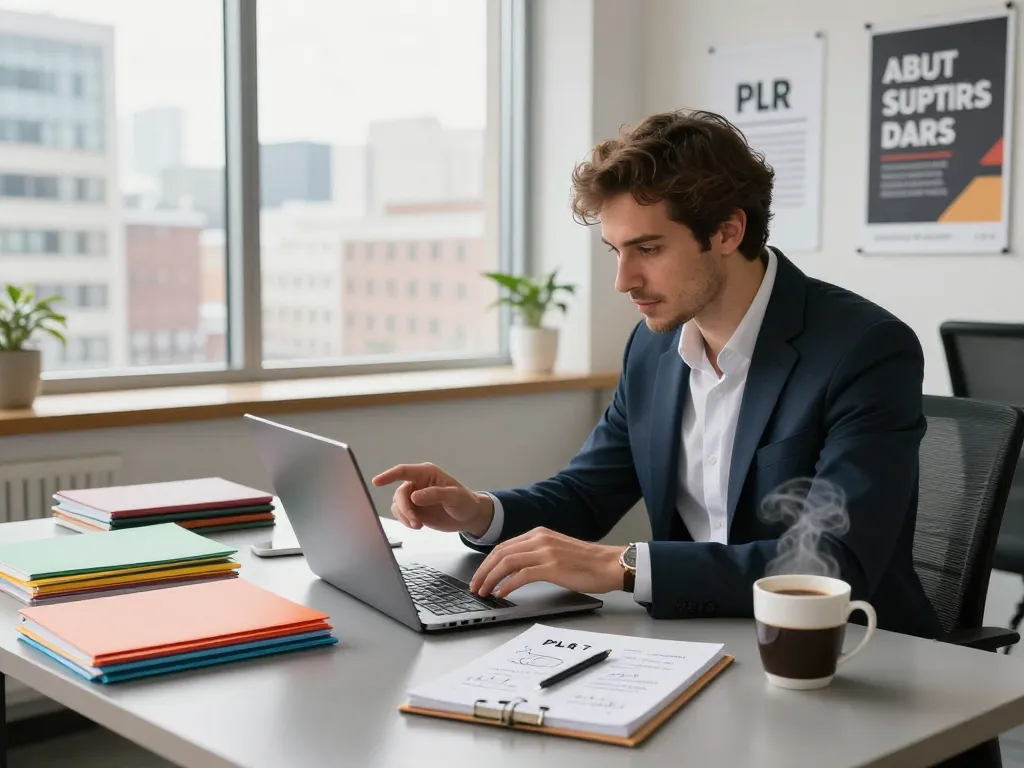 Engaged entrepreneur reviewing PLR content, symbolizing the ease of how to Purchase PLR Content for business success.