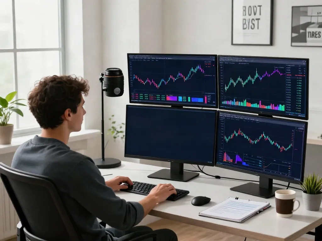 Trader analyzing TradingView charts on multiple monitors in a bright workspace, showcasing professional trading tools and setup.