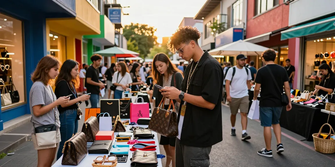 Luxury replica bags showcased at a vibrant street market, highlighting premium 레플리카 사이트 shopping experiences.