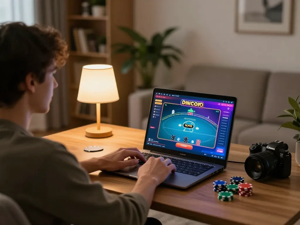 Engaging in online poker on a laptop at home, showcasing strategic gameplay elements that connect to the hidden wiki.