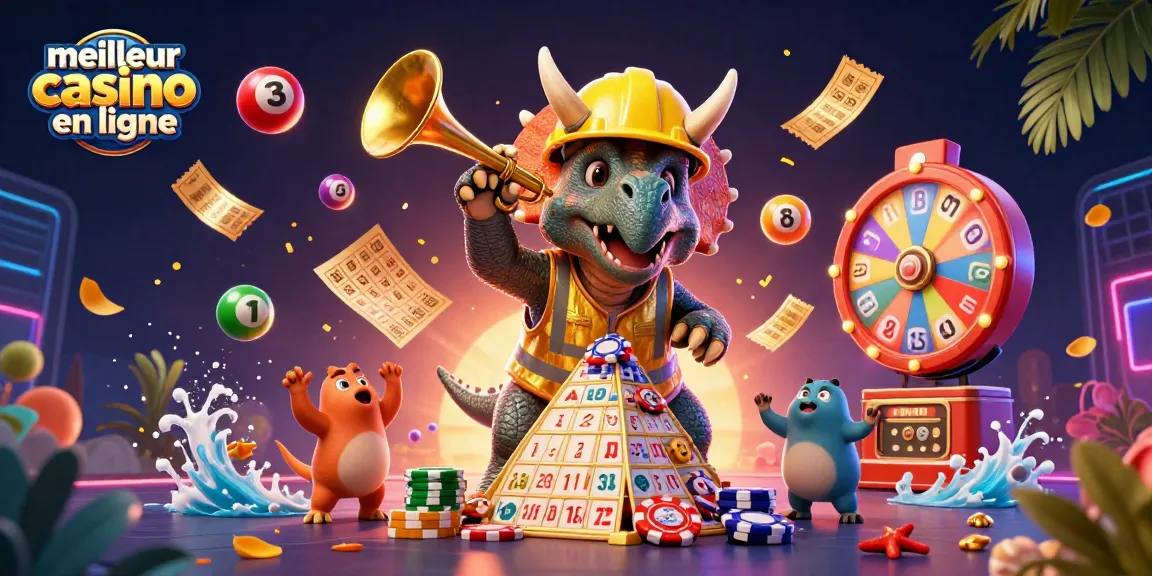 Visuel dynamique du meilleur casino en ligne avec un triceratops et des éléments de jeu colorés.