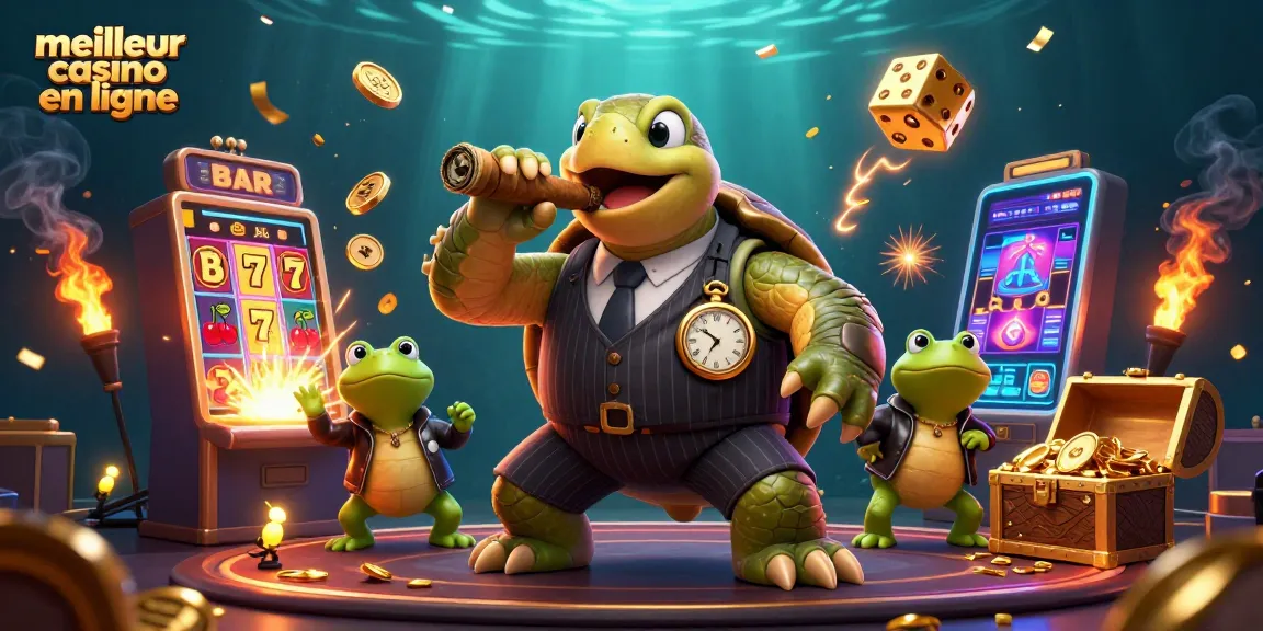 Image illustrant le meilleur casino en ligne avec une tortue massive en costume, des grenouilles, et des machines à sous éclatantes.