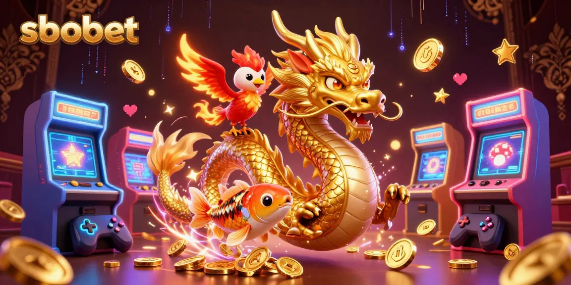 Experience sbobet excitement with a fierce dragon, phoenix, and koi fish in a vibrant 3D casino world.