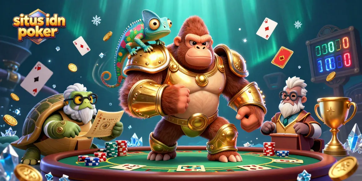 Situs IDN poker displayed in a vibrant scene with animated poker elements and characters emphasizing gaming excitement.