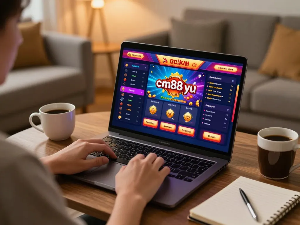 Person enjoying cm88-yu online casino gaming, immersed in an engaging experience with a laptop and strategy notes at home