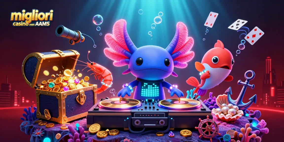 Scopri i migliori casino non AAMS con un DJ axolotl e gamberetti danzanti in un'illustrazione vivace.