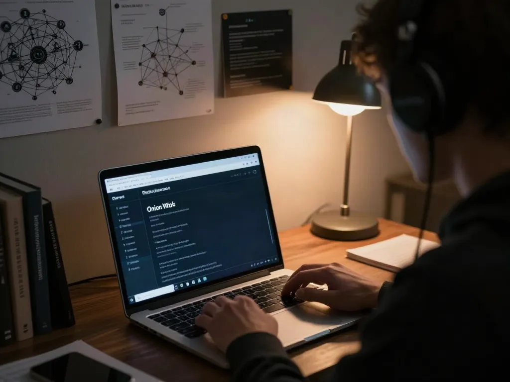 The hidden wiki dark web research scene with a person exploring onion site directories on a laptop in a dimly lit room.