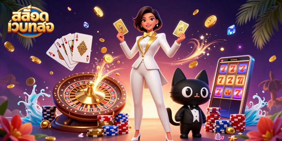 Play สล็อตเว็บตรง at a lavish casino with golden coins, vibrant poker chips, and a glamorous dealer.