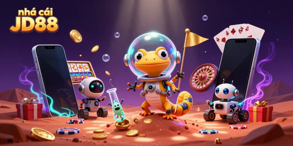 Engage with the atmosphere of nhà cái JD88 while exploring a vibrant golden casino with 3D characters.