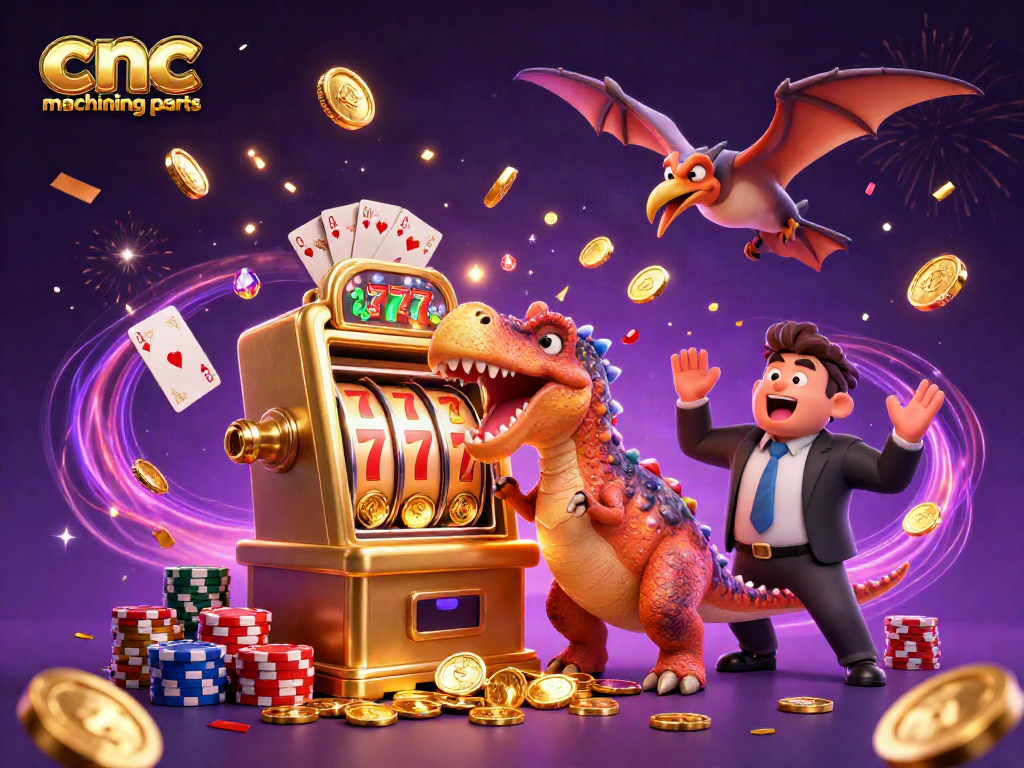 CNC machining parts celebration as characters interact with a golden slot machine, rain of coins and lights