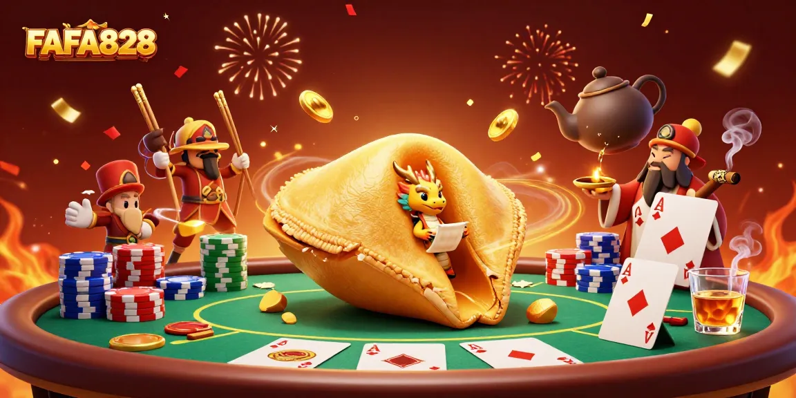 Experience winning luck with FAFA828's exciting casino scene featuring a golden fortune cookie and poker elements.