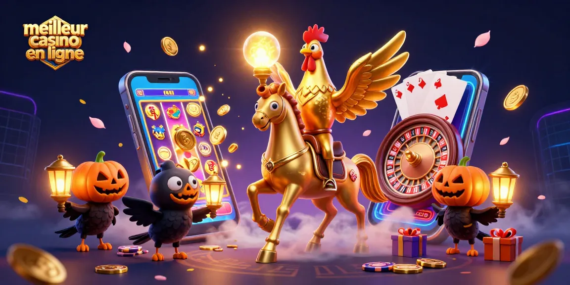 Découvrez le meilleur casino en ligne avec un cheval spectral et un coq doré dans un casino animé.