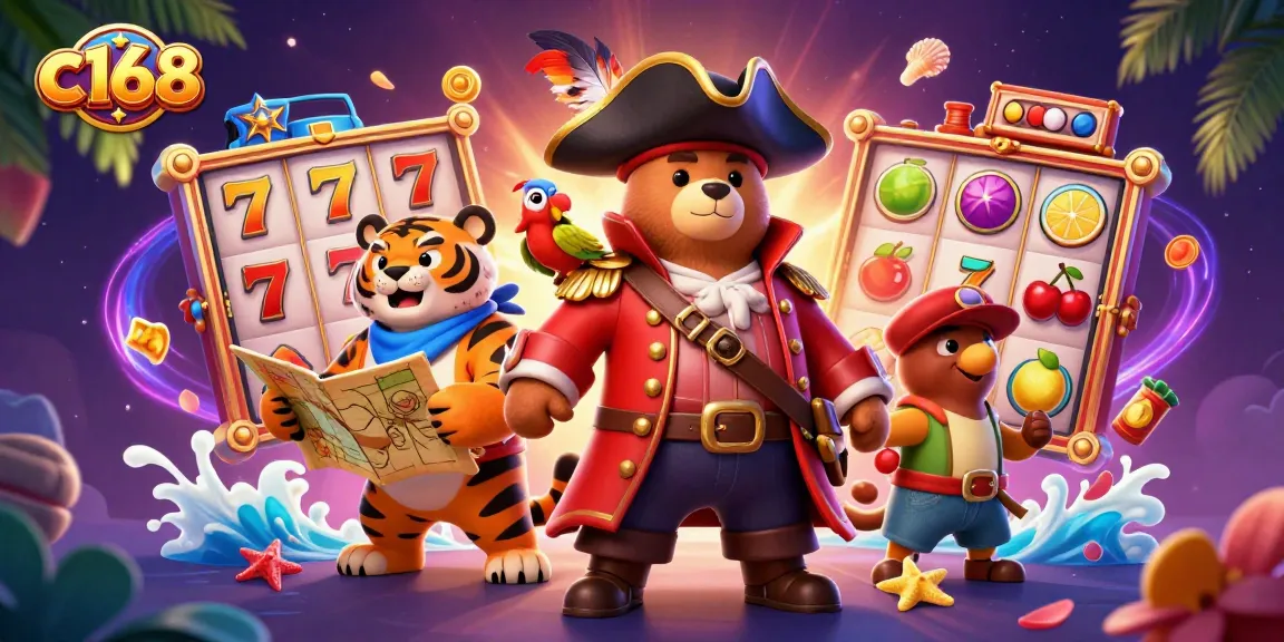 Win big with c168 in an exciting online casino scene featuring playful slot game elements.