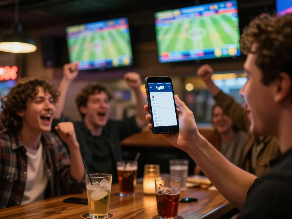 Cheers to a tg88 sports betting victory at an energetic bar, showcasing excitement.